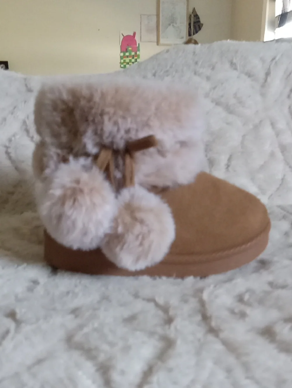 Girls' Tan First-shoes-Tan Faux-Fur Pom Booties Size 4/5